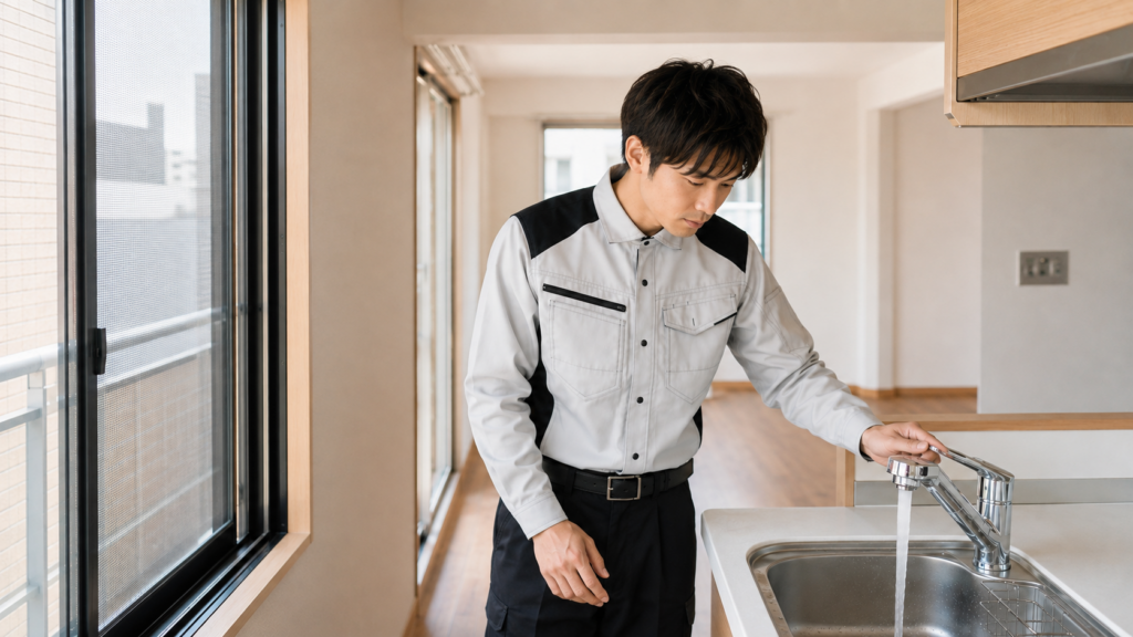 空き家の窓を網戸にして蛇口の通水を確認する作業員