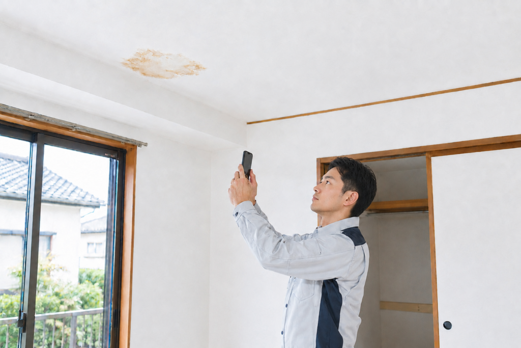 空き家の天井にできた雨漏りの染みを撮影して確認する作業員