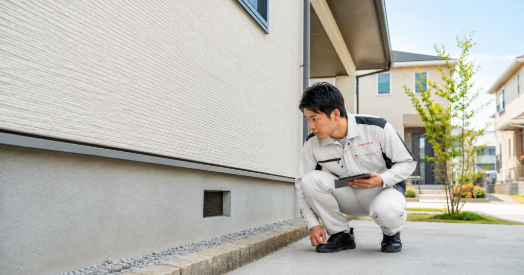 空き家の外壁まわりを点検する作業員