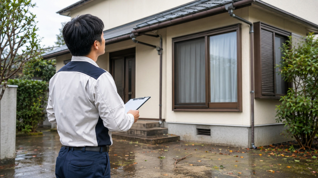 空き家の台風対策として雨どいや建物の外観を確認する作業員
