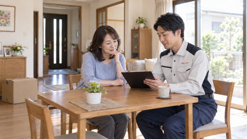 施設入居後の実家管理について家族と相談する空き家管理スタッフ